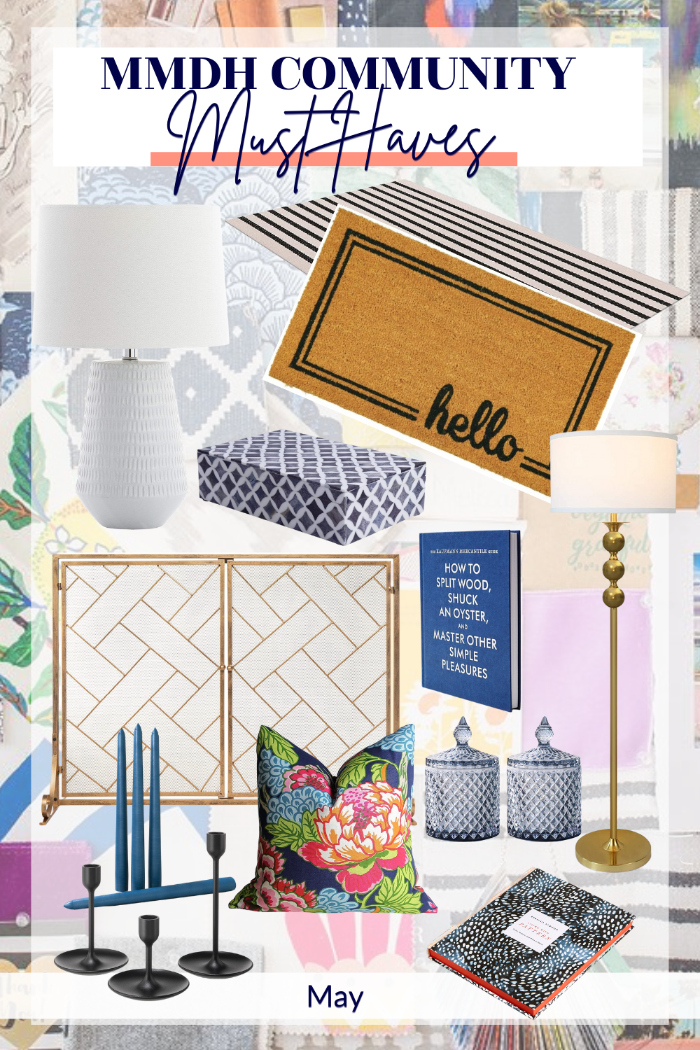 this is a collage of images from Amazon. There are is a white lamp, stripped entryway rug, a door mat that says hello, a jewelry box, a box, a geometric patterned fireplace cover, a colorful floral pillow, black candle sticks, and blue candles
