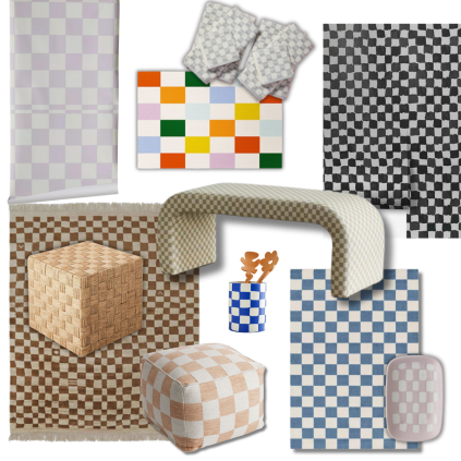 Collage of must-have checkerboard home decor items from MMDH Designs, featuring various checkerboard patterns in pillows, throws, and other decorative accents.