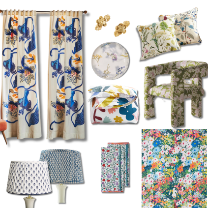 Collage of must-have floral print home decor items from MMDH Designs, featuring various floral patterns in pillows, throws, and other decorative accents.