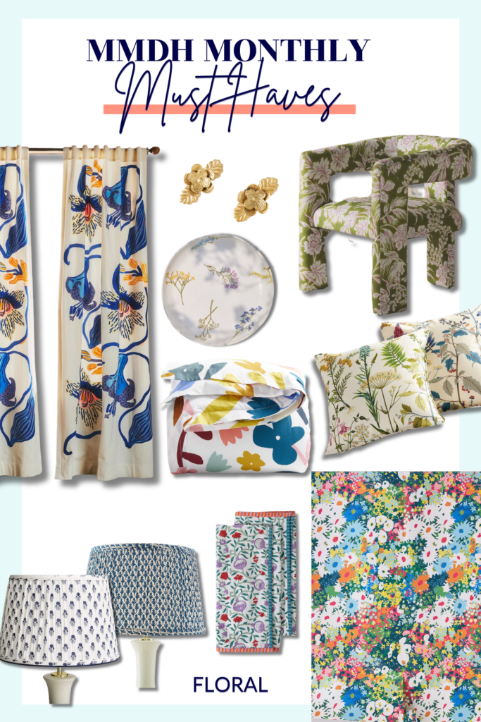 Collage of floral prints home decor accents and furnishings, featuring throw pillows, curtains, rugs, and artwork.
