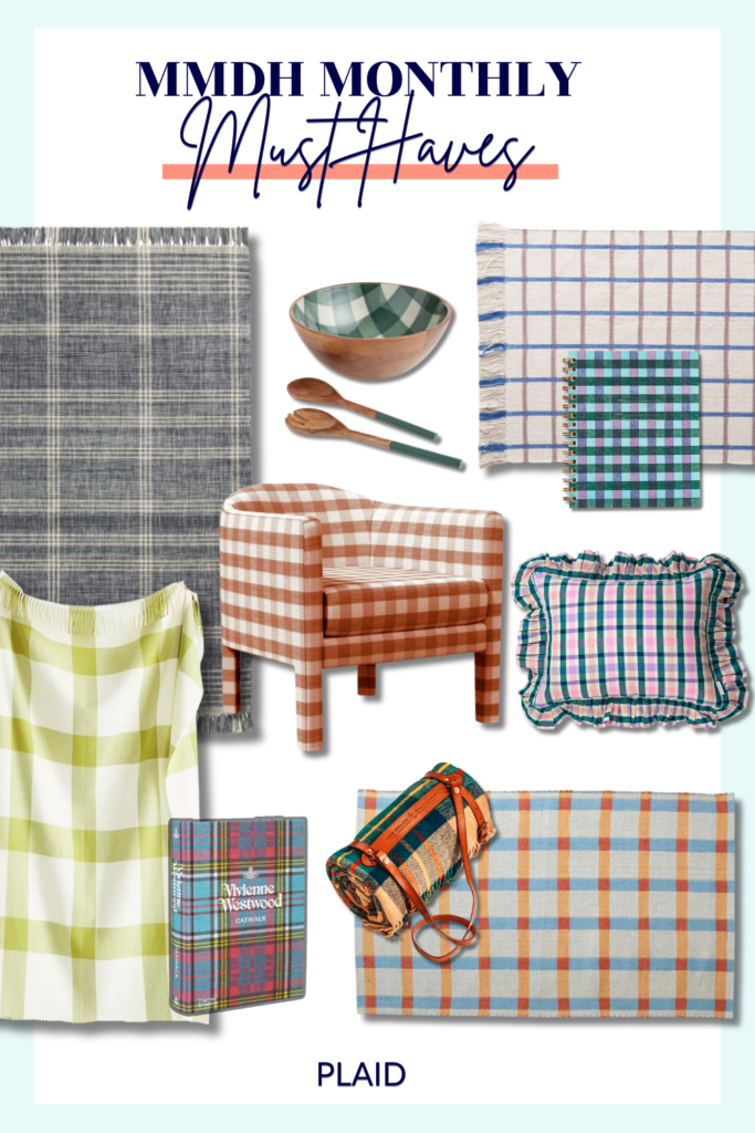 Collage of plaid home decor accents and furnishings, featuring throw pillows, blankets, rugs, and furniture pieces.