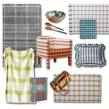 Collage of must-have plaid home decor items from MMDH Designs, featuring various plaid patterns in pillows, throws, and other decorative accents.