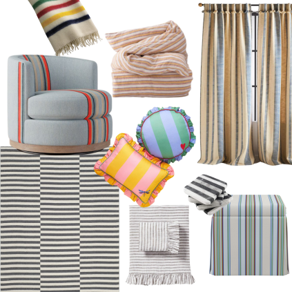 Collage of must-have striped home decor items from MMDH Designs, featuring various striped patterns in pillows, throws, and other decorative accents.