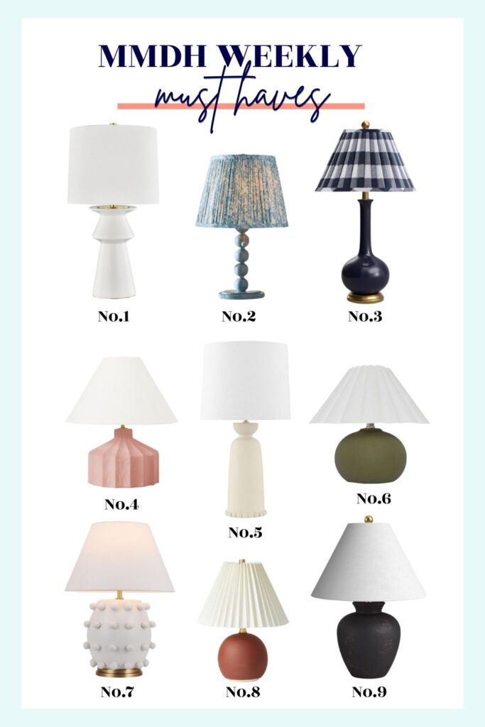 Collage of must-have table lamps for 2024 by MMDH Studio, featuring various sizes, colors, and patterns.