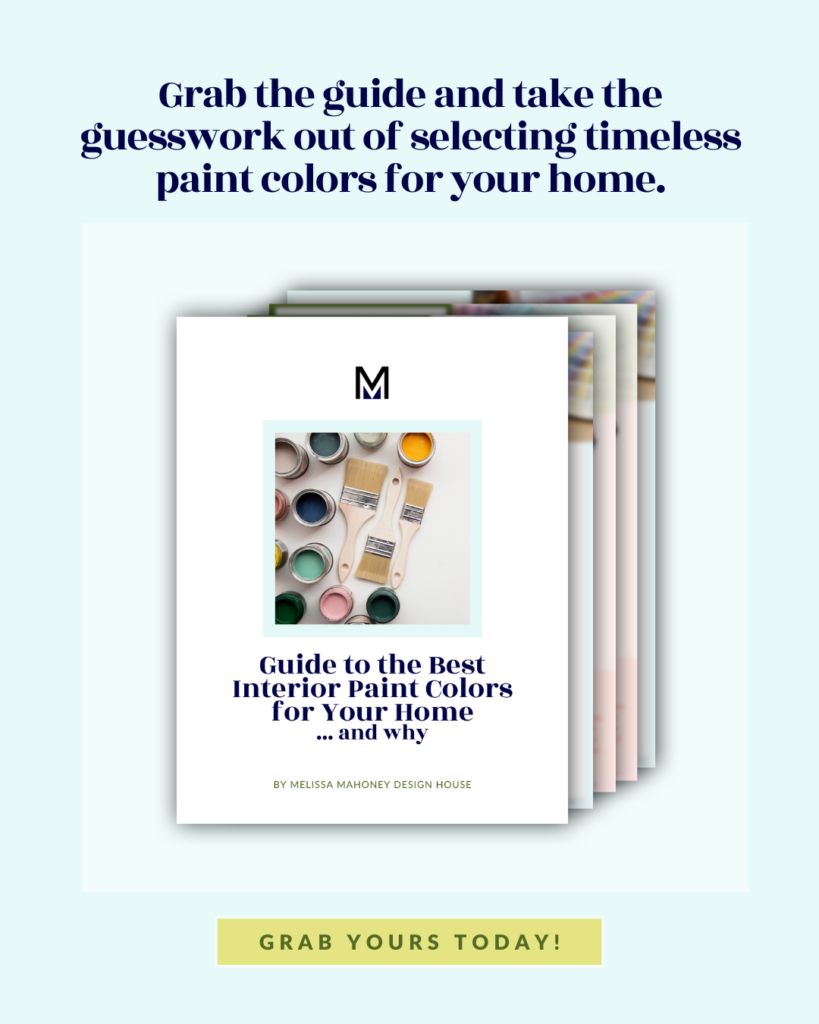 Cover image of "Guide to the Best Interior Paint Colors for Your Home" by Melissa Mahoney Design House, featuring paintbrushes and color swatches.