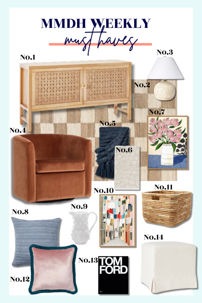 Target Fall 2024 home decor featuring a cozy chair, modern checkerboard rug, transitional lighting, vibrant artwork, colorful pillows, neutral ottoman, and woven basket for a stylish, affordable home decor update.